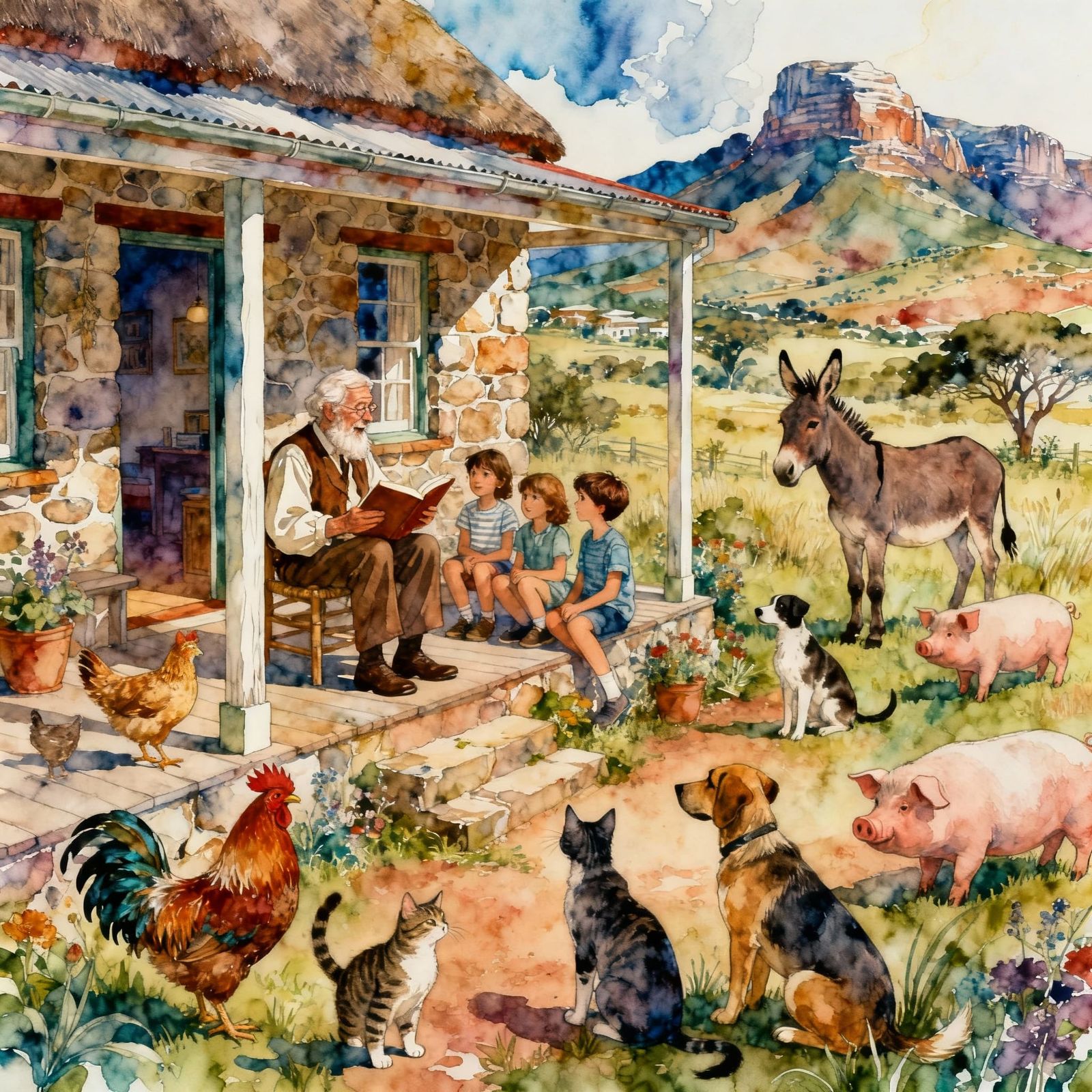 Grandfather Tells Stories on Farm Veranda