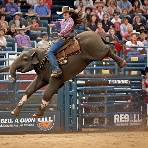 Rodeo Elephant Barrel Racing with Female Bull Rider