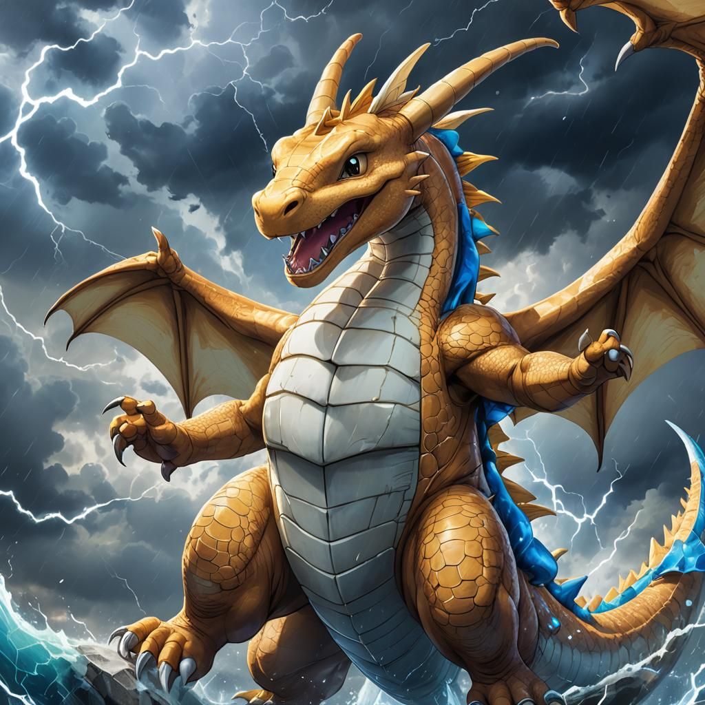 Anime Dragonite Roaring in Stormy Sky