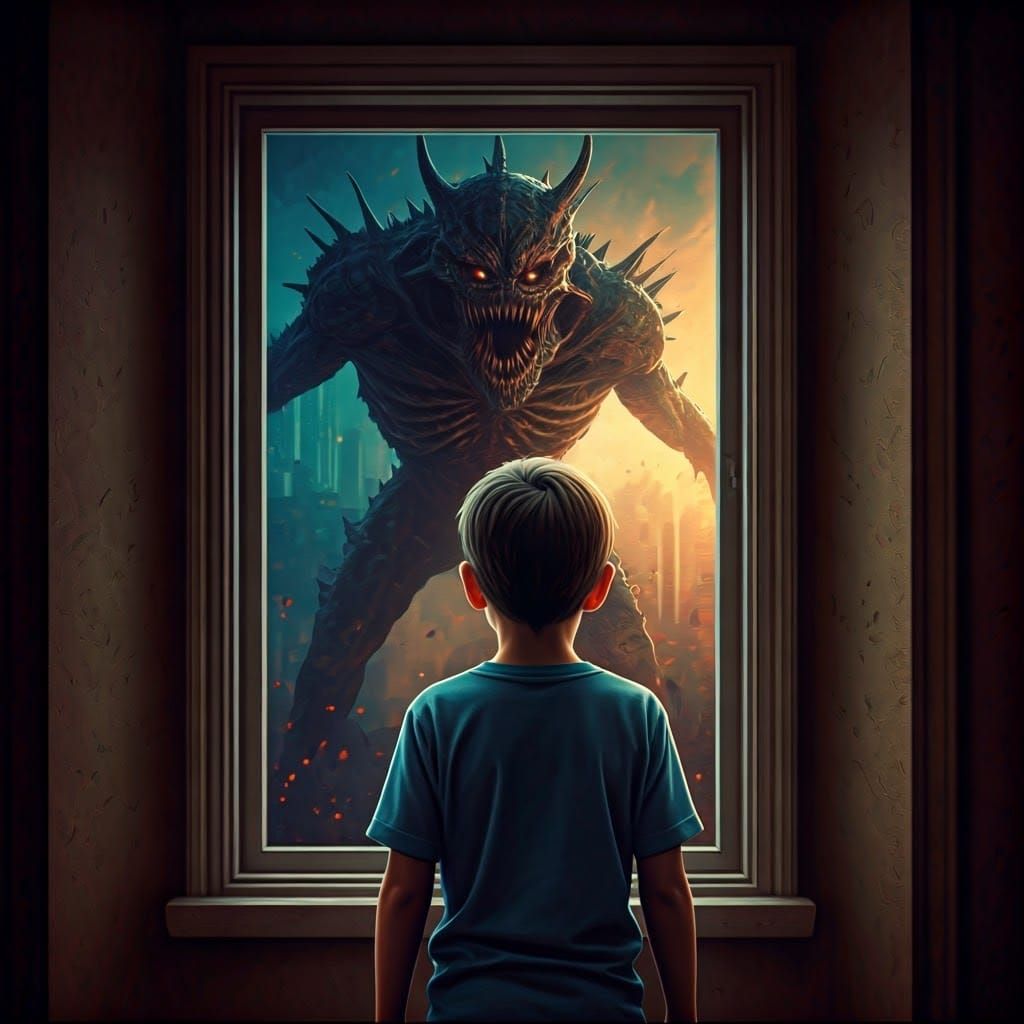 Frightened Boy and Nightmare Monster: Cinematic Still