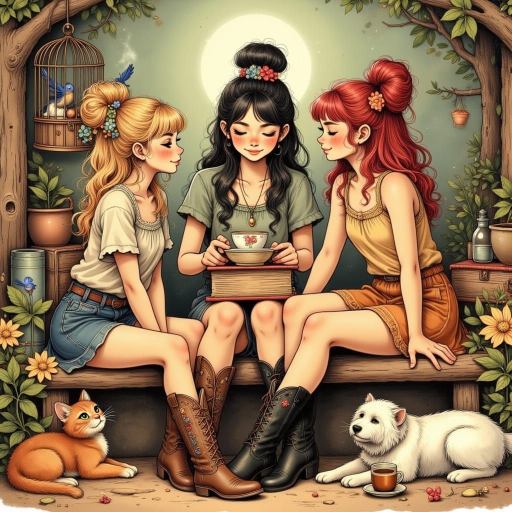 Whimsical Women in Rustic Gathering