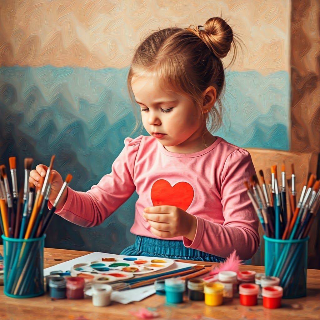 Girl Sculpts Teddy Bear: Impressionist Oil Painting