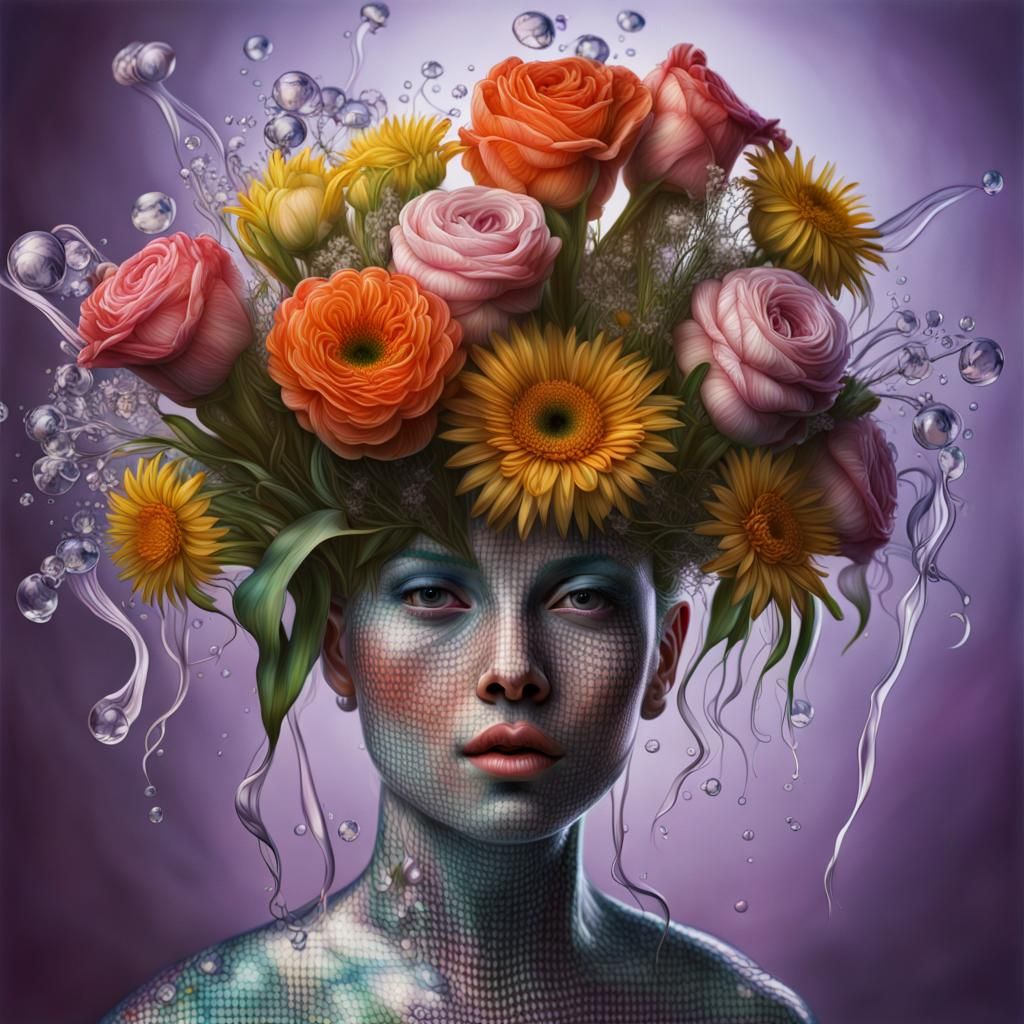 Whimsical photo realistic hyper realism highly detailed fantasy artist wet glass creature portrait pinstriped wool, plai...