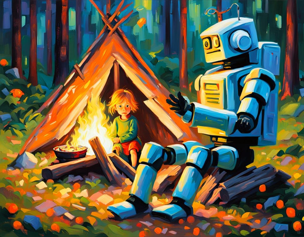 Robot and Girl Camping: Impressionist Impasto Painting