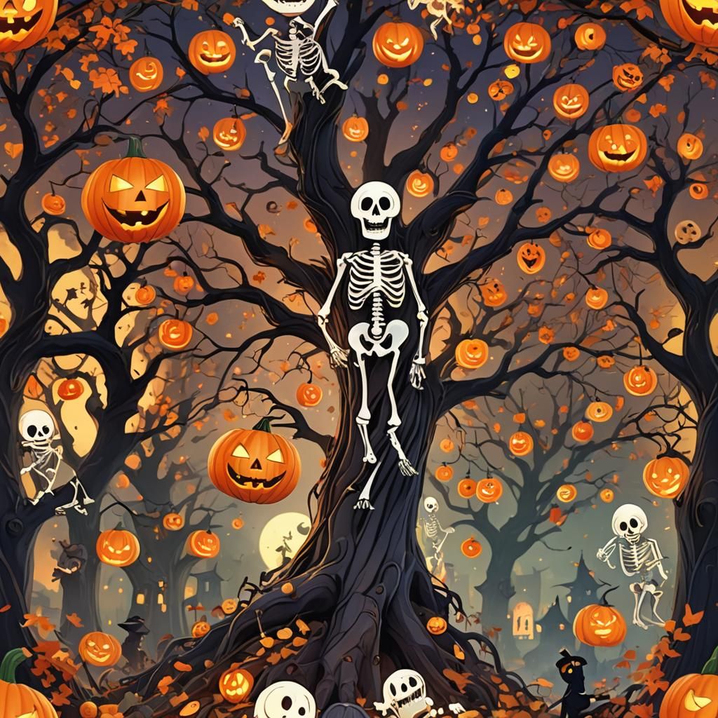 Joyful Halloween Tree with Dancing Skeletons in Anime 3D