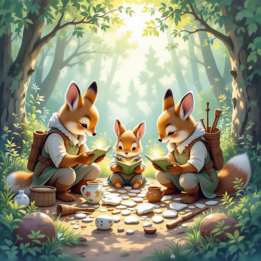 Woodland Creatures Cataloging Artifacts in Sun-Dappled Fores...