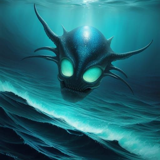 Bioluminescent Alien Swims in Surreal Oil Painting