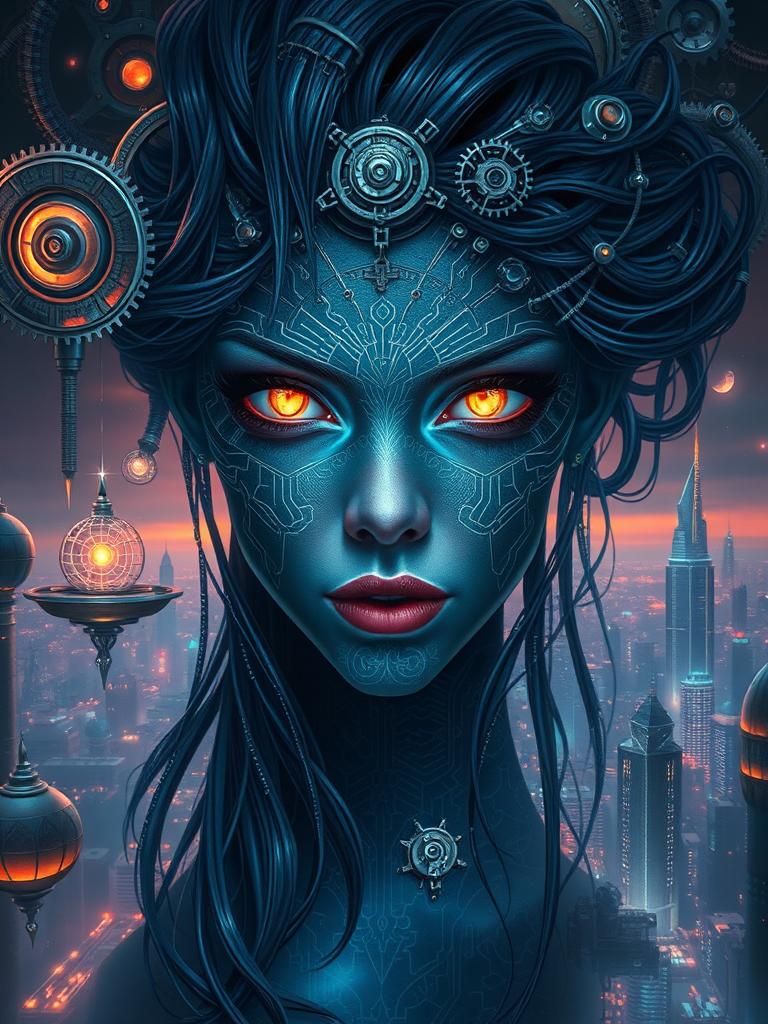 Dark fantasy artwork featuring a woman, with deep indigo hair intertwined with gleaming silver circuitry.