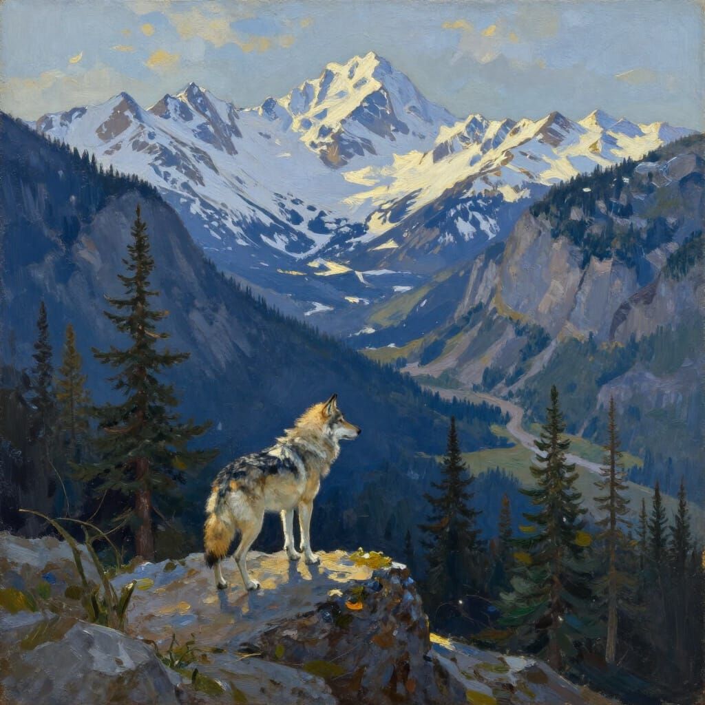 Majestic Mountain Landscape with Lone Wolf Oil Painting