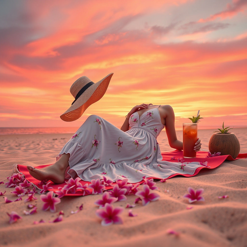 Woman on Beach at Sunset: Hyper-Realistic Matte Painting
