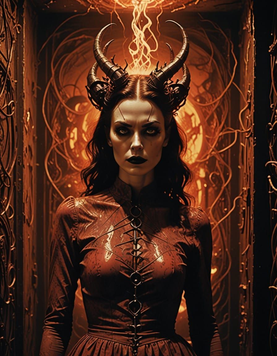 Devilish Woman in a Satanic Ritual Scene