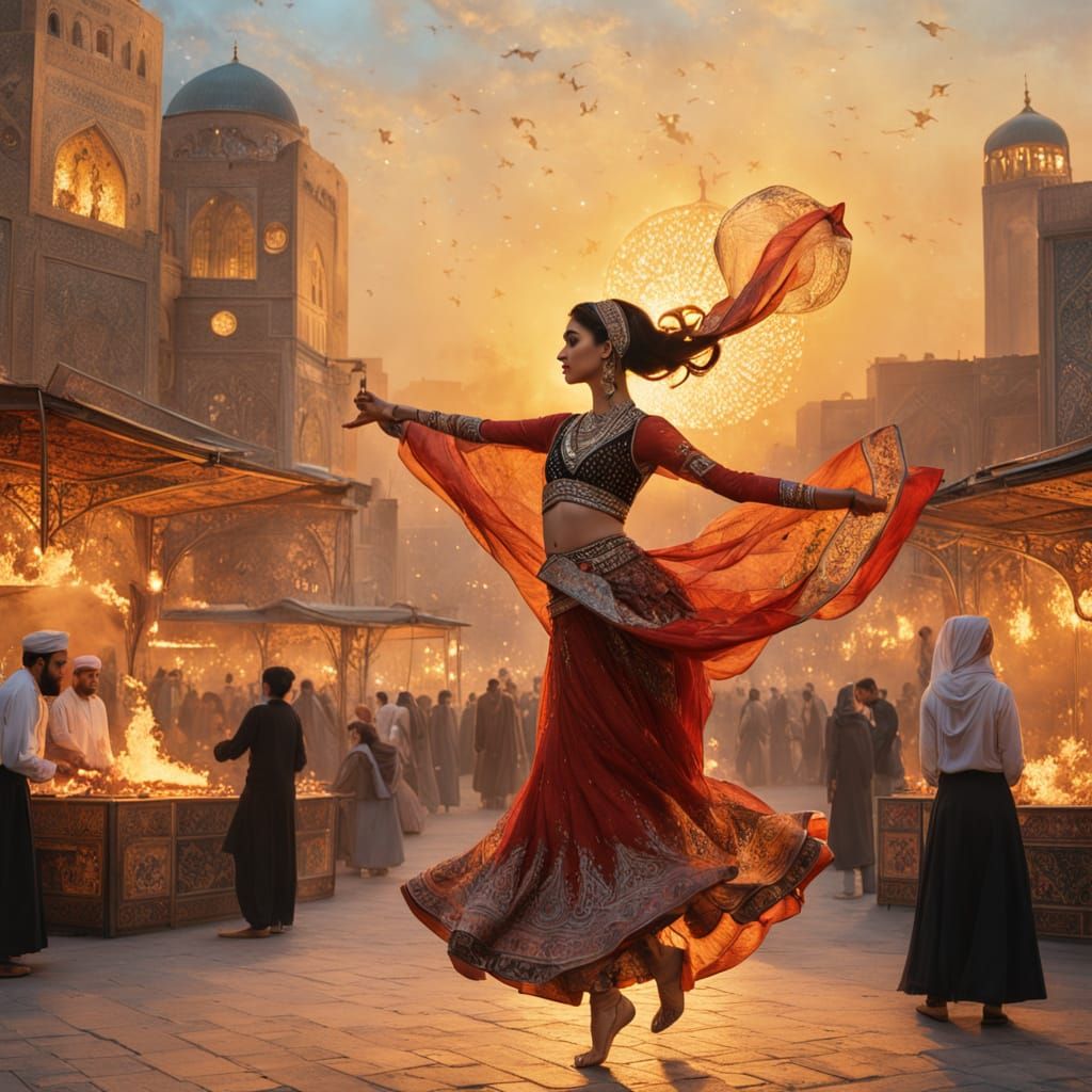 Tehran Fire Dancer at Sunset: Vintage Persian Style