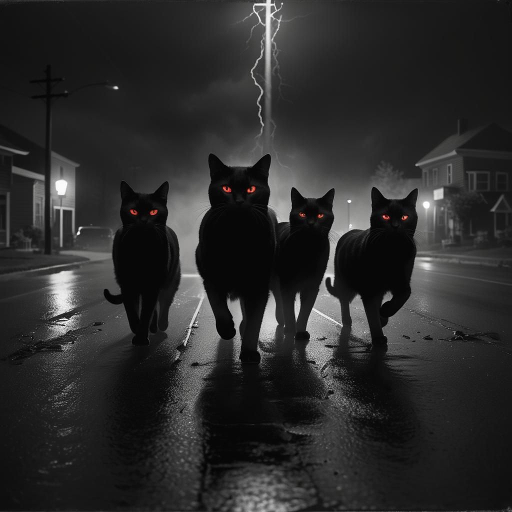 Eerie Crossroads: Surrounded by Black Cats