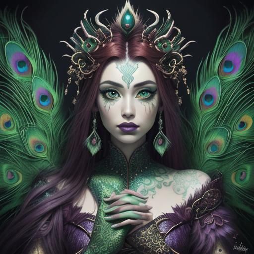 Fantasy Portrait of a Dragon Woman with Peacock Feathers
