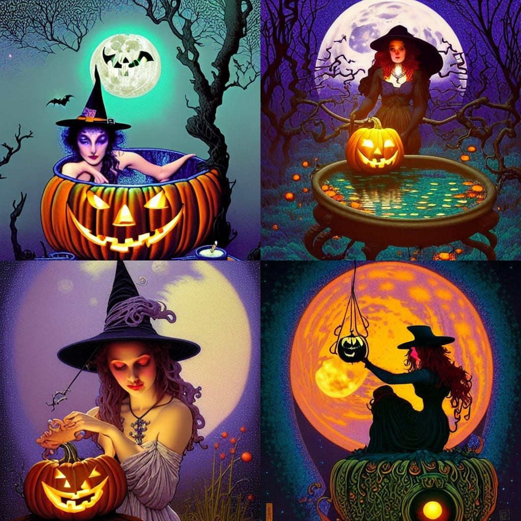 Halloween Witch Stirring Cauldron at Sunset