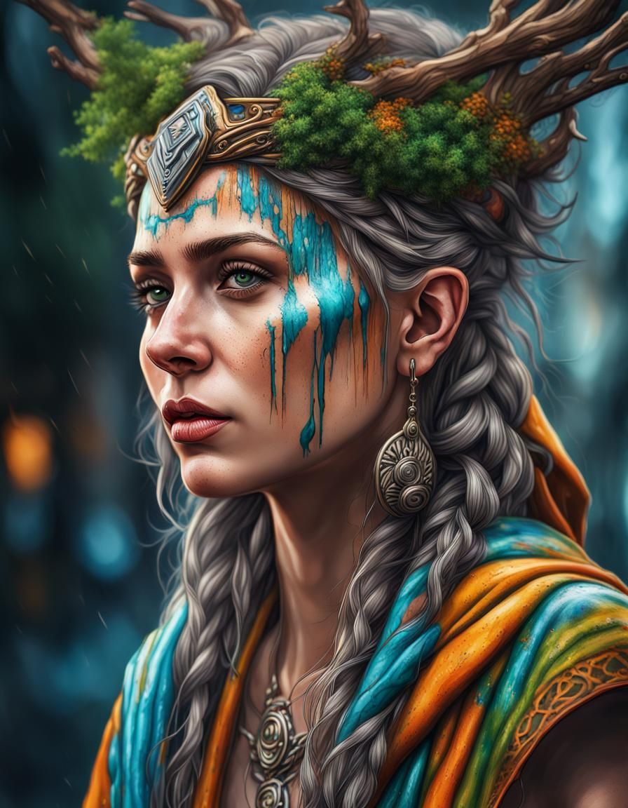 Detailed Portrait of a Female Druid in Graffiti Art