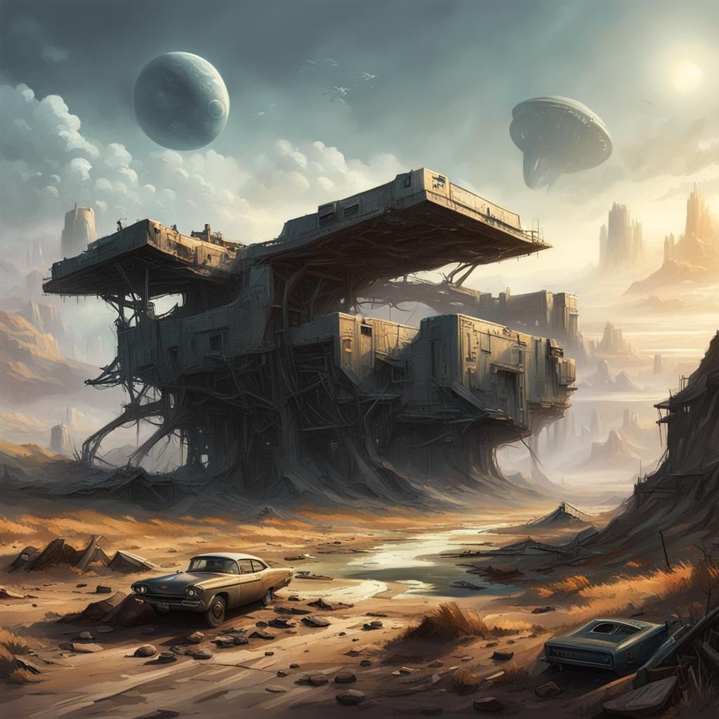 Dystopian Landscape with Alien Artifacts as Concept Art