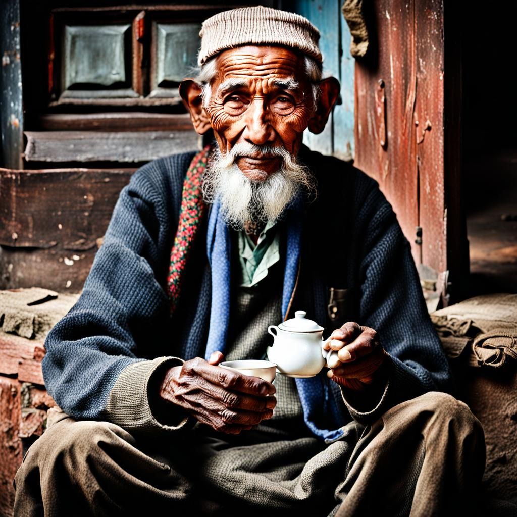 Serene Old Man with Tea in Nepal