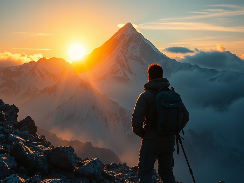 Seasoned Mountaineer Gazing Up at Majestic Mount Everest in ...