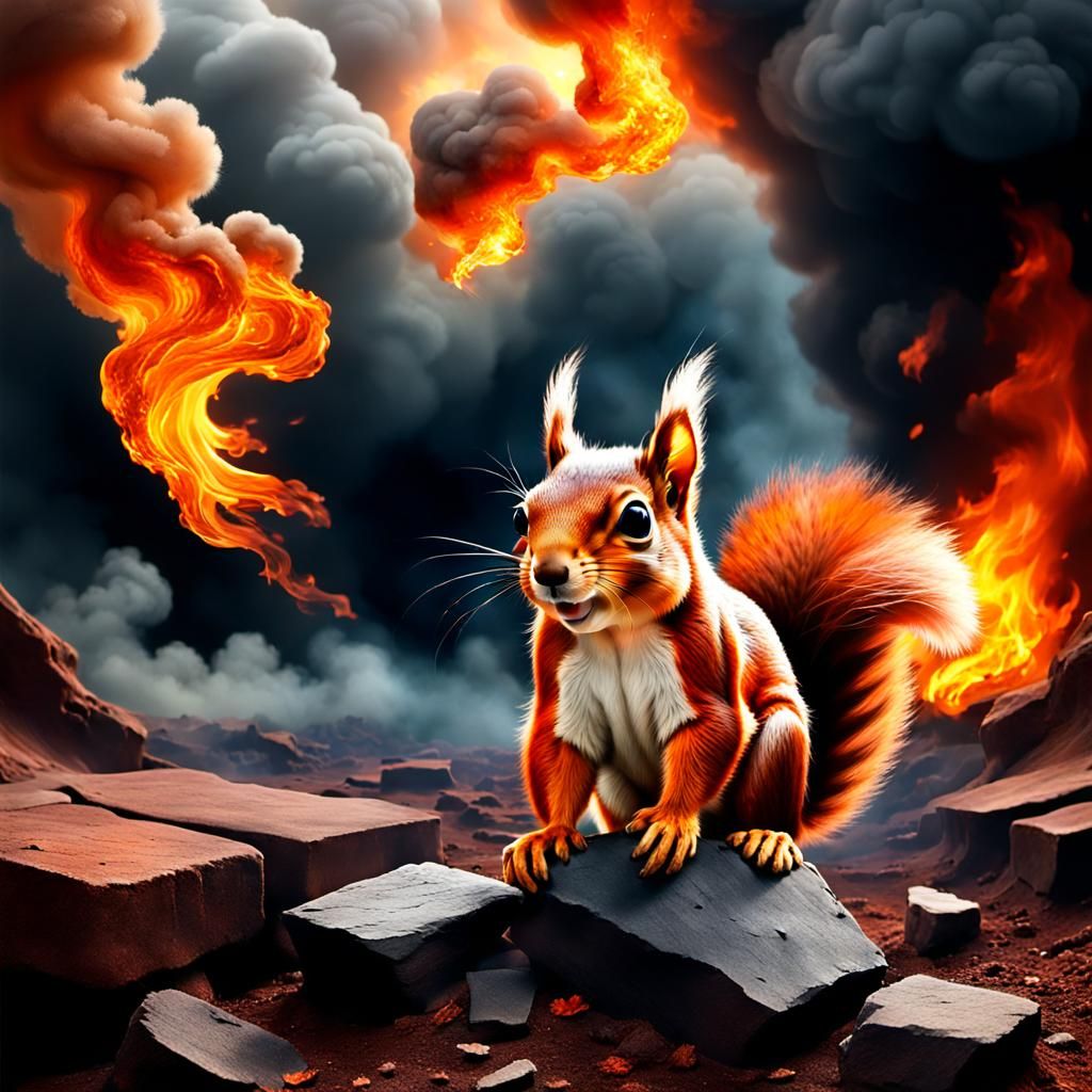 Cloud Squirrel Foraging in Fiery Cavern