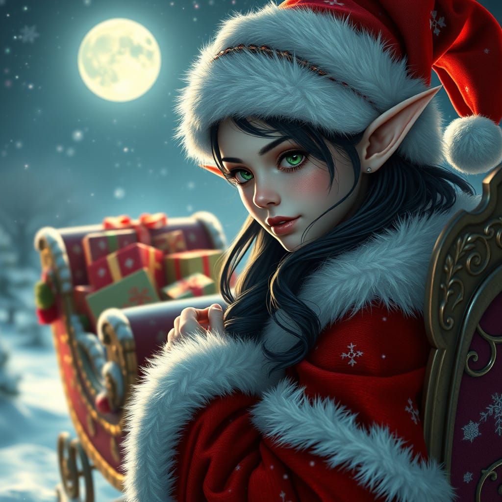Enchanting Elf Maiden Loads Santa's Majestic Sleigh in Winte...