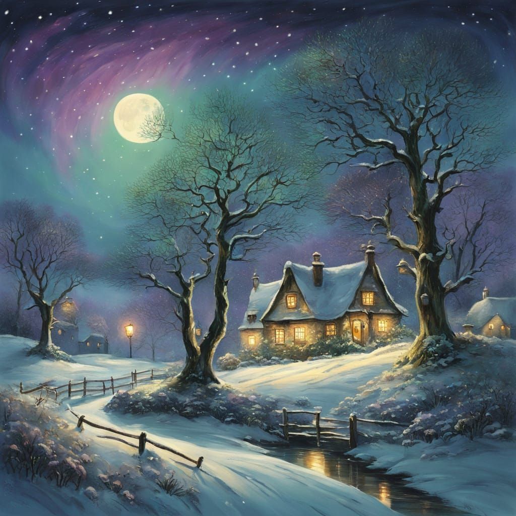 Surreal Winter Wonderland in Folk Art Style