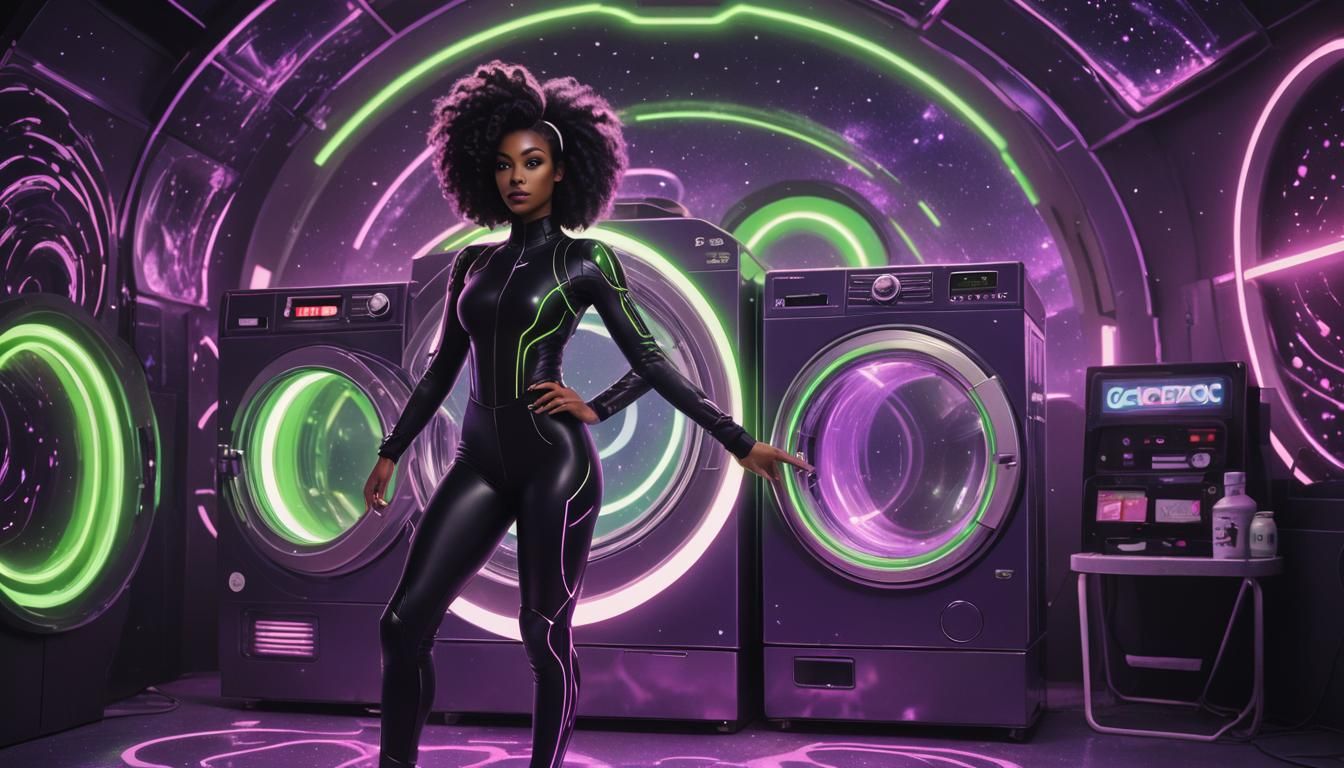 Retro-Futuristic Model with Neon Washing Machine