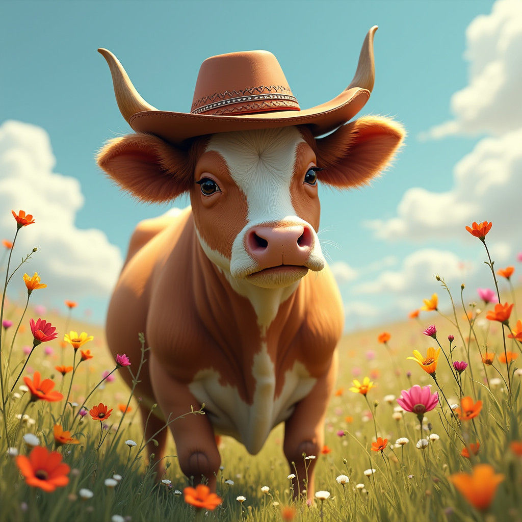 Cow in Cowboy Hat in Wildflower Meadow