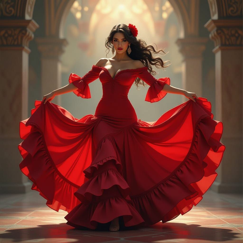 Flamenco Dancer in Flowing Red Gown: Hyperdetailed Portrait