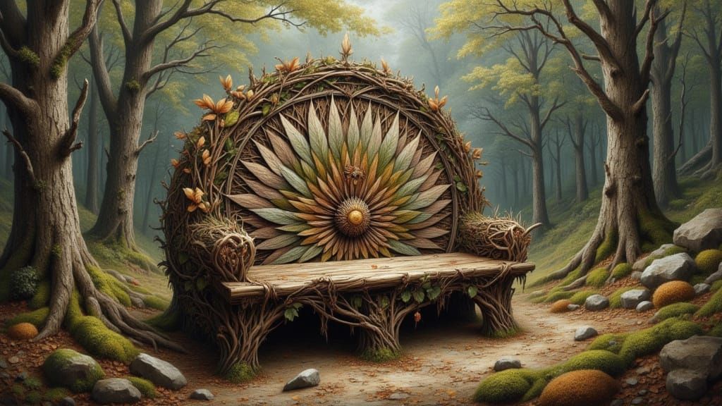Mandala Bench in Enchanted Forest Landscape