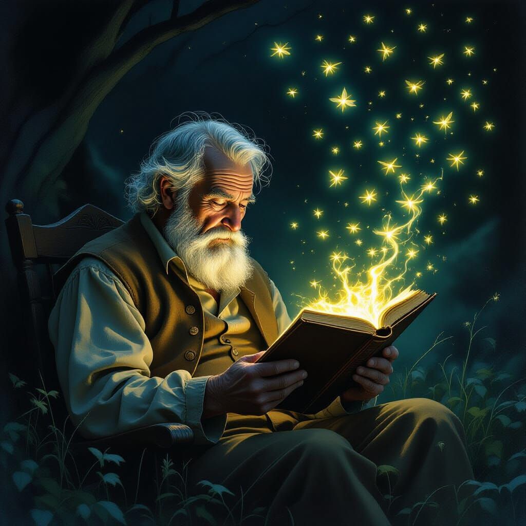 Ethereal Fireflies Illuminate Grandfather Reading in Mystica...