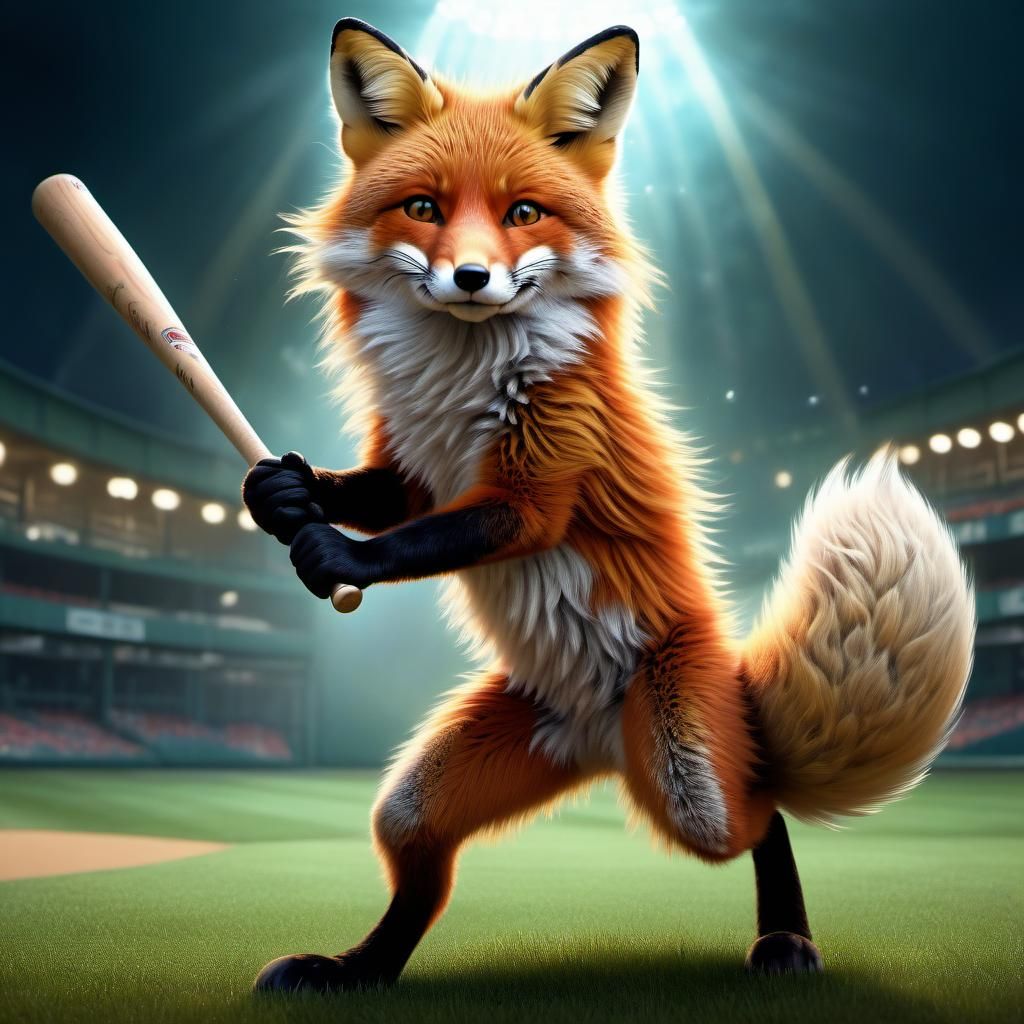 Fluffy Fox Plays Baseball: Magical Realism Art