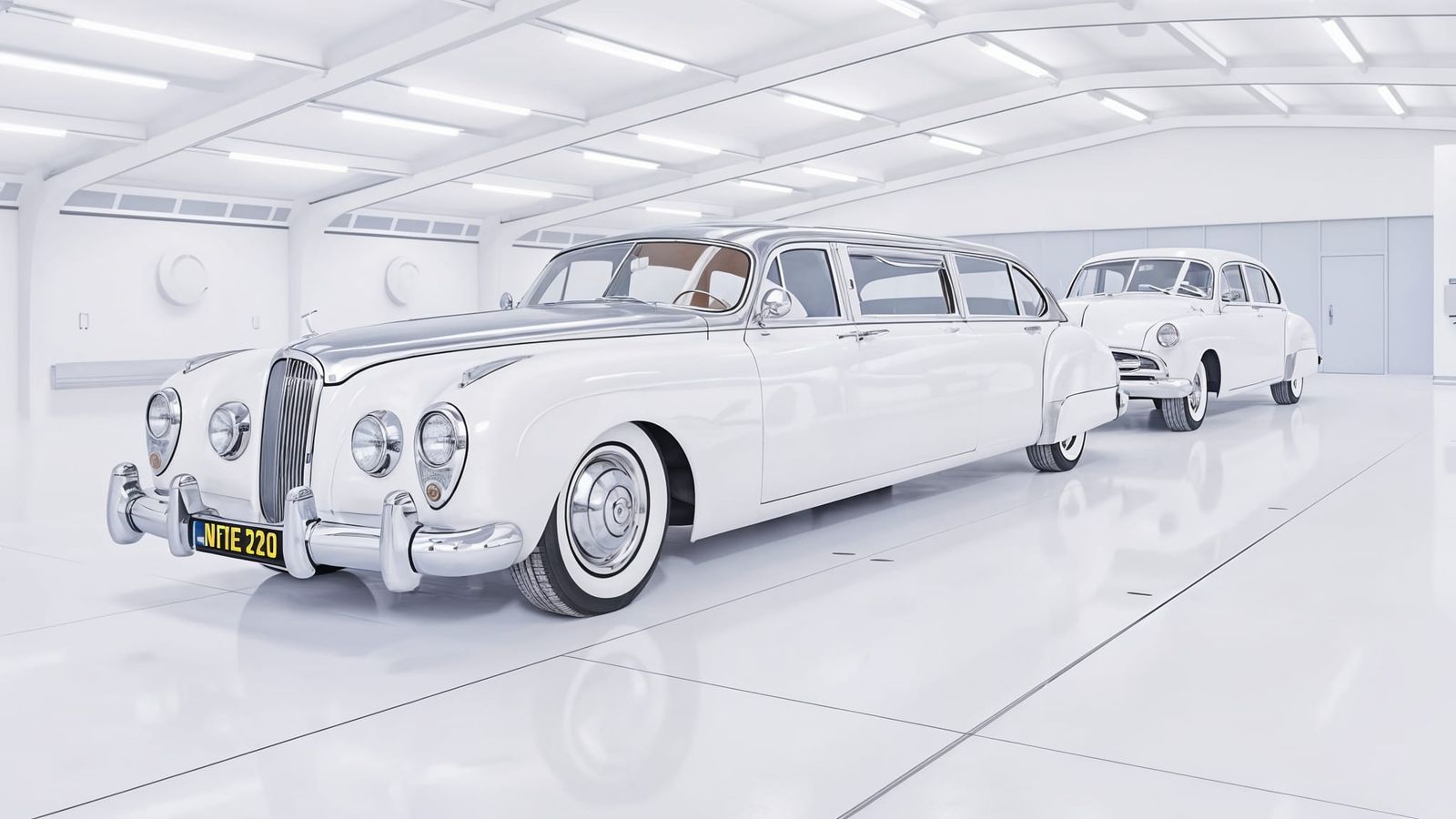 1940s Polished White Limousine in Dark Future Hangar