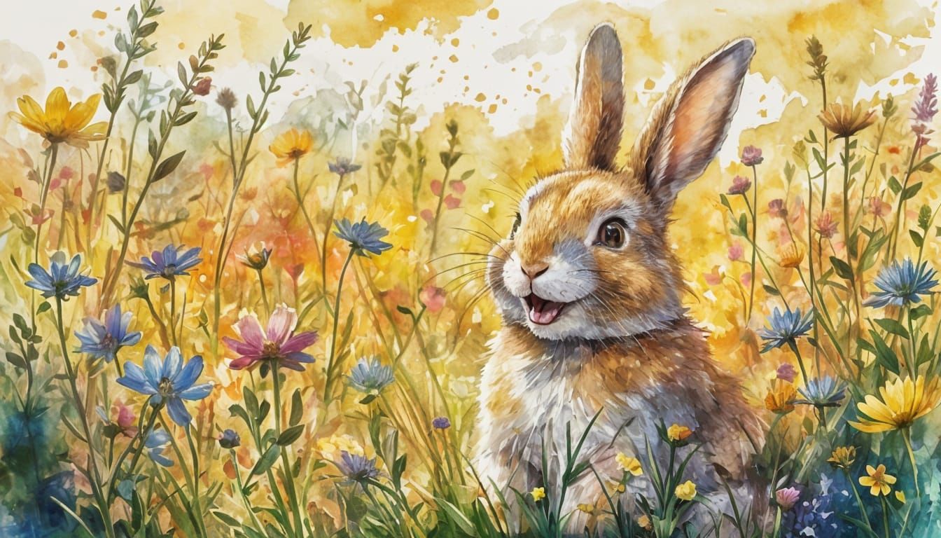 Joyful Bunny in Summer Meadow, Comic Book Style