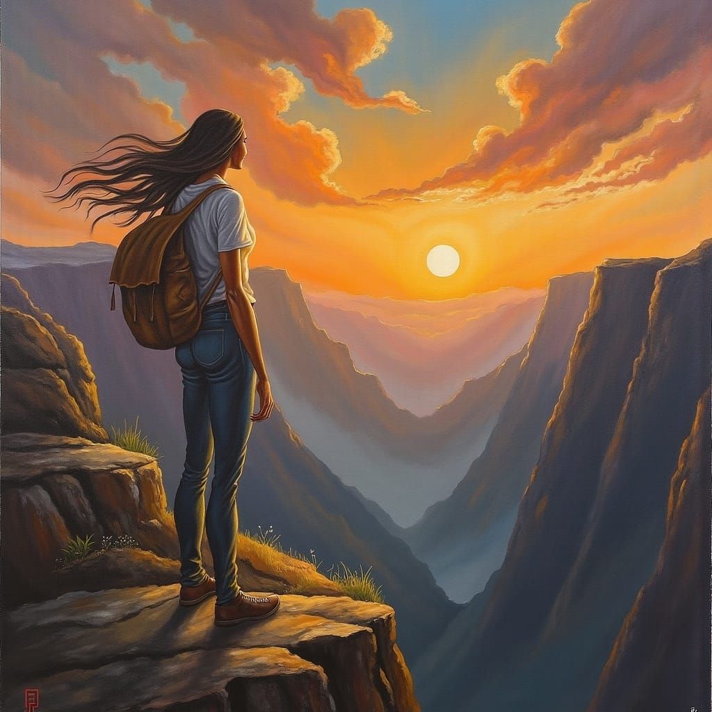 Woman Gazing at Sunrise in Romantic Landscape Style