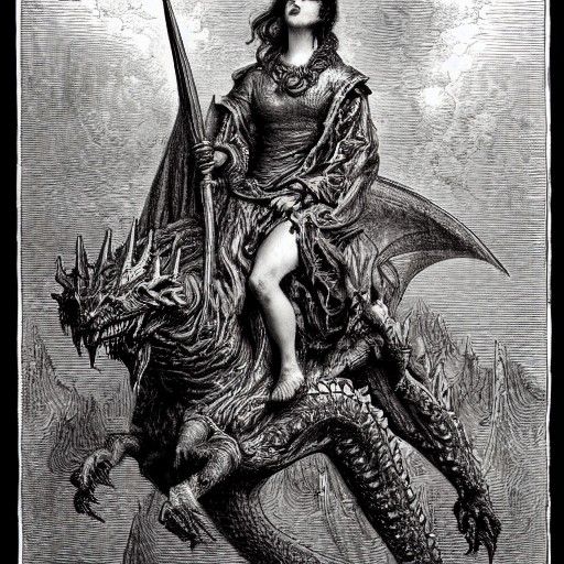 Queen Rides Dragon with Goblet, Gustave Doré Style