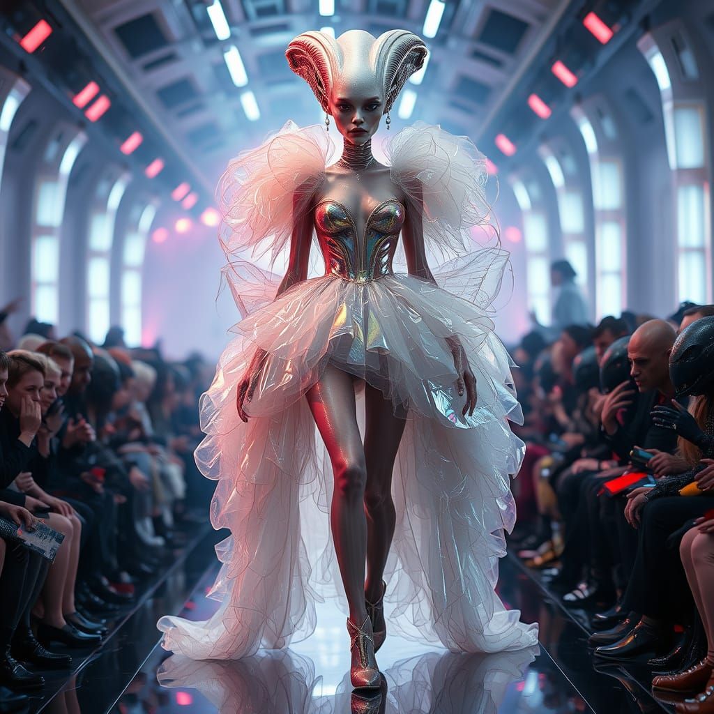 Elegant Alien Bride Struts Down Futuristic Runway in Iridesc...