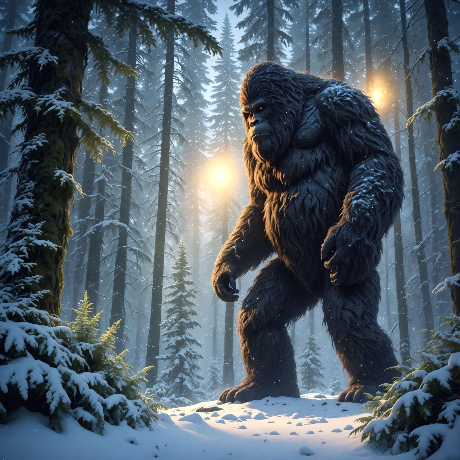 Surreal Sasquatch in Ethereal Snowy Forest