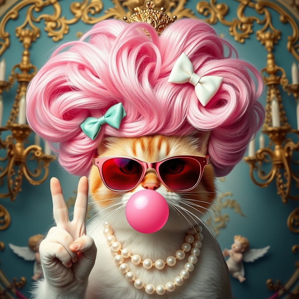 Feline Rococo Icon Blows Bubble Gum Peace Sign