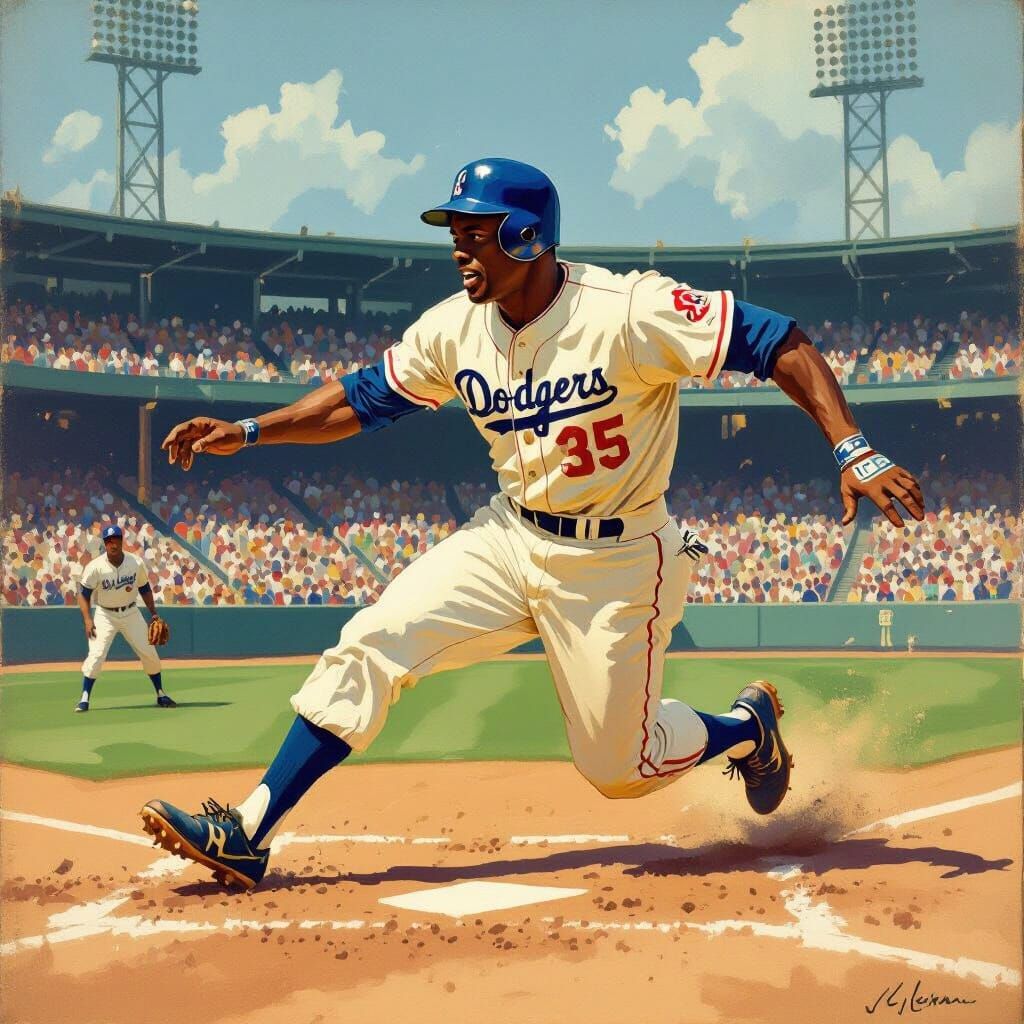 Jackie Robinson Stealing Home, Vintage Sports Art
