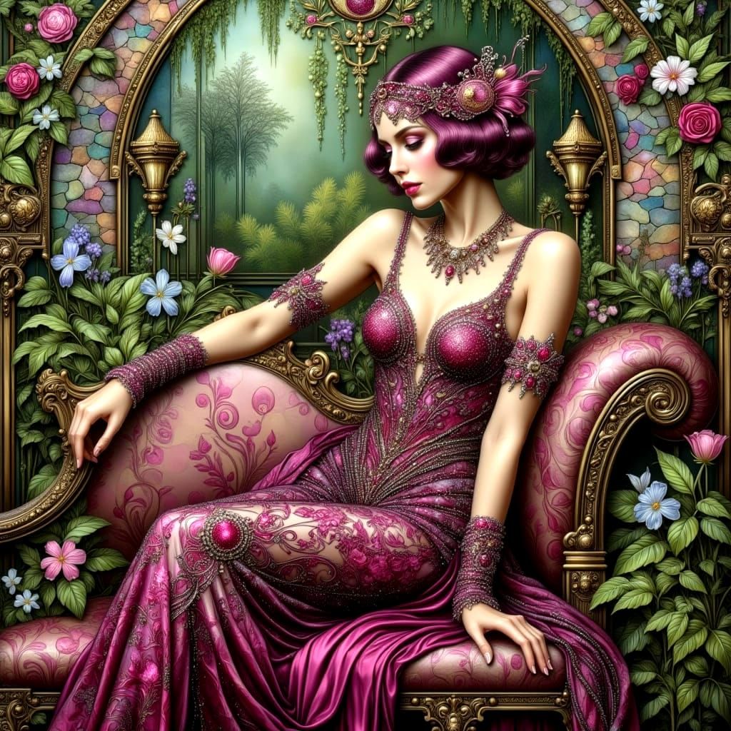 Elf Woman in Garden, Klimt-Inspired Art Nouveau