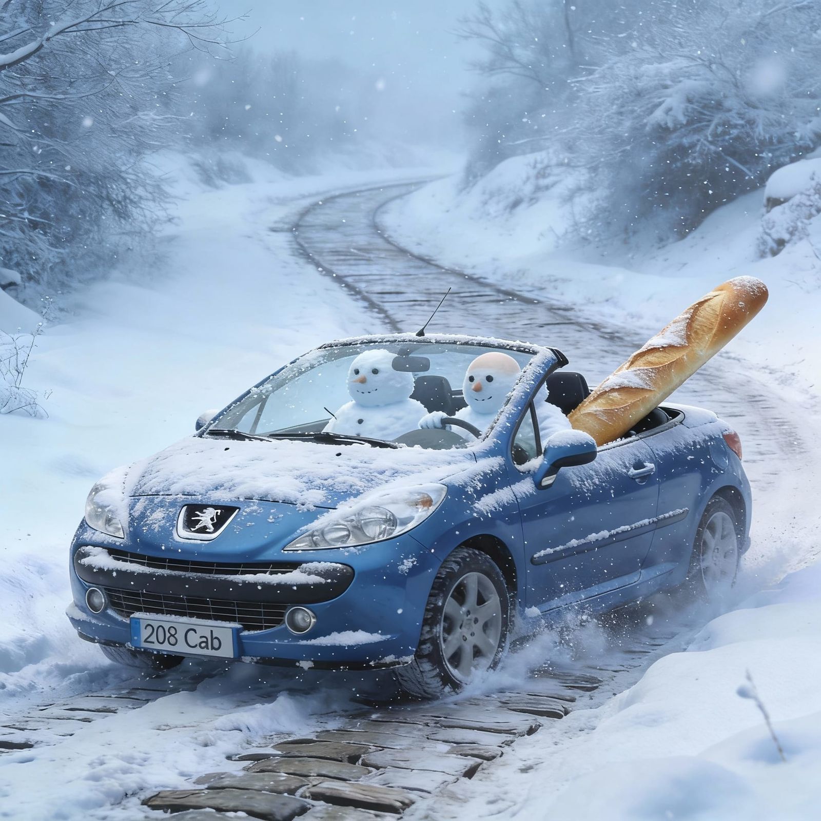 Snowy Swedish Road Scene with Peugeot and Baguette Car