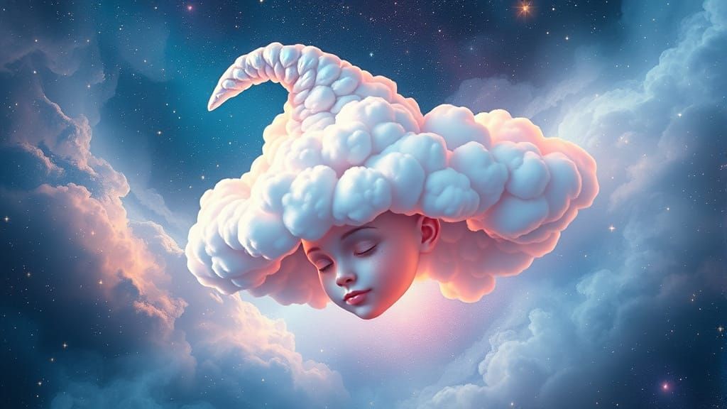 Celestial Being in Cloud Hat Among Stars