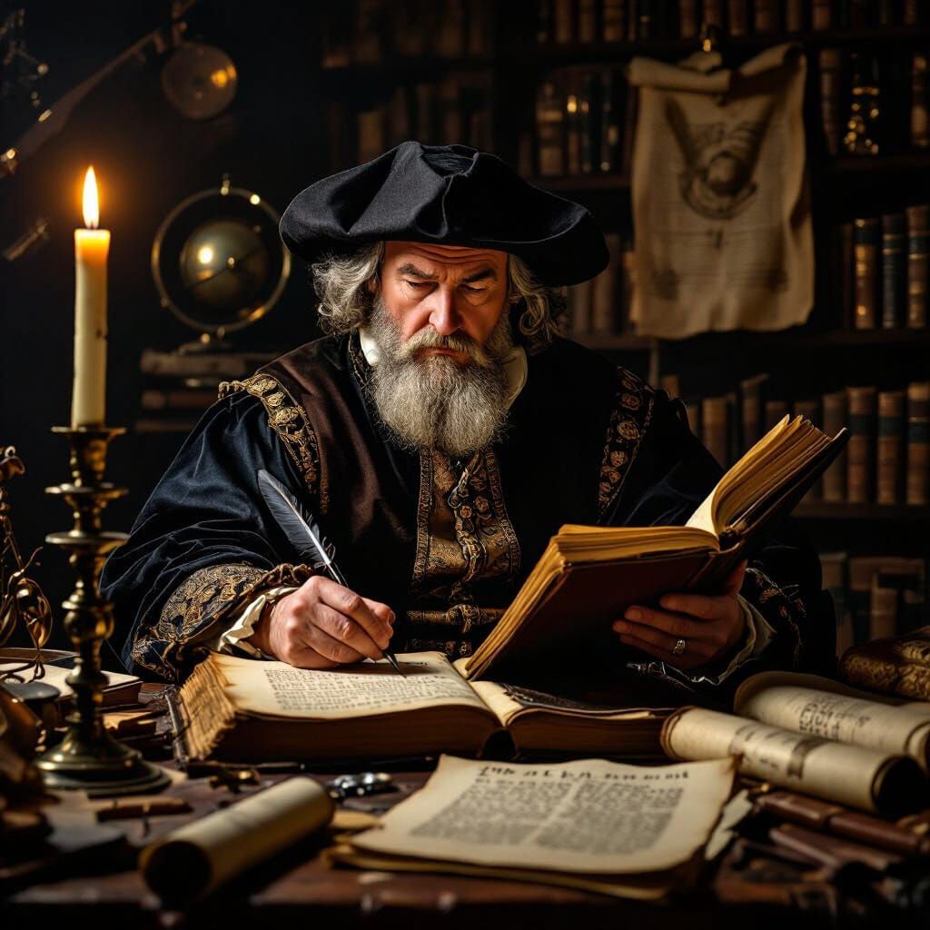 Nostradamus Writing Prophecies in Rembrandt Style