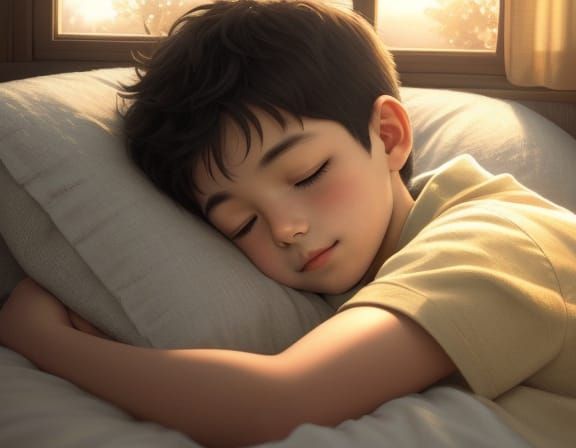 Child Sleeping Peacefully in Golden Hour Oil Painting