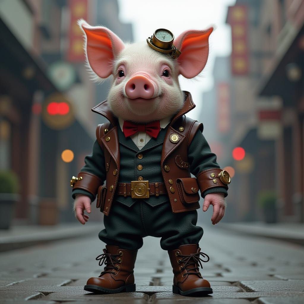 Steampunk Pig Character in Wide-Angle Shot