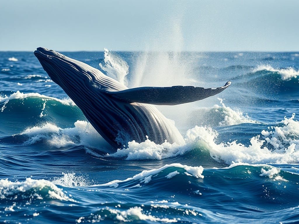 Gray-Blue Whale Breaks Surface in a Frenzied Ocean Scene