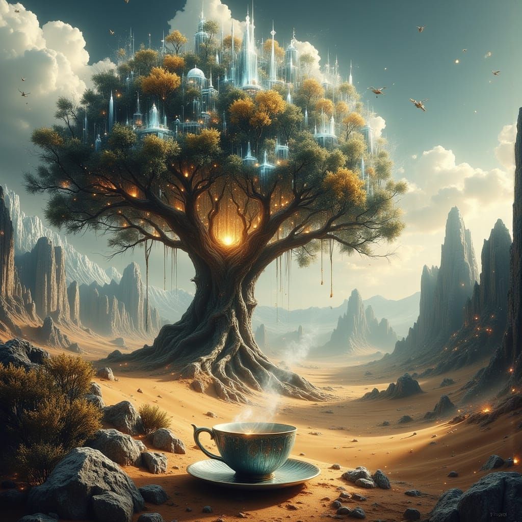 Colossal World Tree Cityscape with Titan and Bioluminescent ...