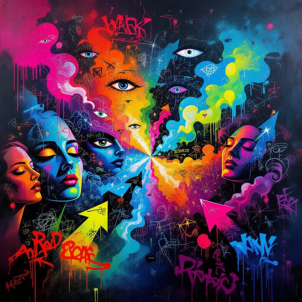 Psychedelic Graffiti Mural: Lucid Dream Unraveling in Neon C...