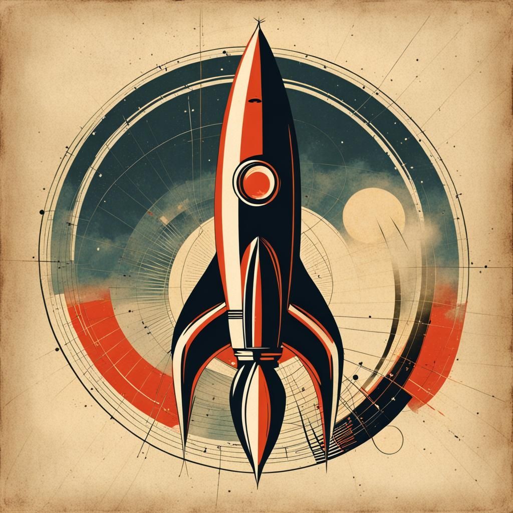 Vintage Japanese Rocket Art in 50s Style